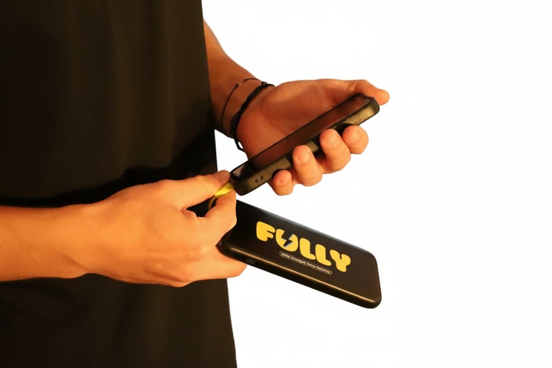 Fully power bank charging phone in hand